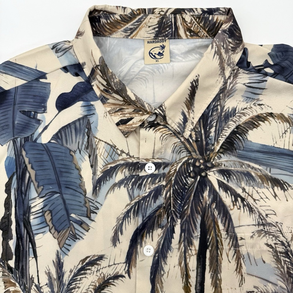 Hardaddy Button Down Shirt Mens XL Beige Tropical Palm Tree Short Sleeve Casual